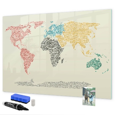 Memobord van glas met print inclusief neodymium magneten Wereldkaart met plaatsen en foto's