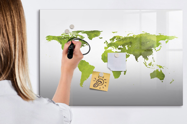 Decoratief glazen wandbord beschrijfbaar en magnetisch Wereldkaart met fotolocaties