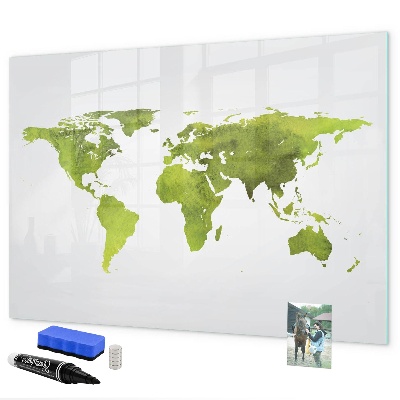 Decoratief glazen wandbord beschrijfbaar en magnetisch Wereldkaart met fotolocaties