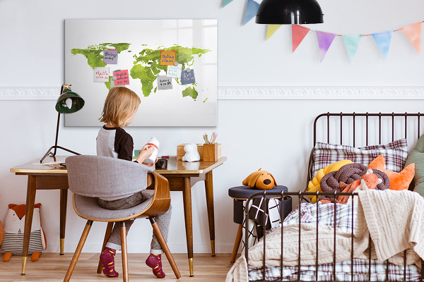 Decoratief glazen wandbord beschrijfbaar en magnetisch Wereldkaart met fotolocaties