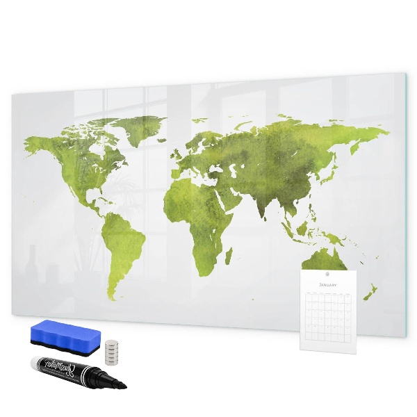Decoratief glazen wandbord beschrijfbaar en magnetisch Wereldkaart met fotolocaties