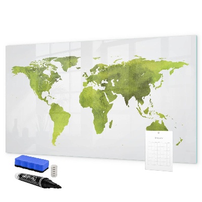 Decoratief glazen wandbord beschrijfbaar en magnetisch Wereldkaart met fotolocaties