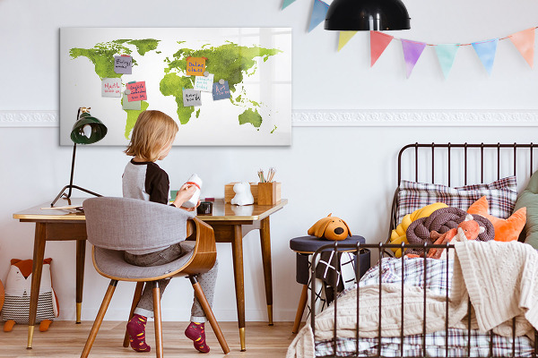 Decoratief glazen wandbord beschrijfbaar en magnetisch Wereldkaart met fotolocaties