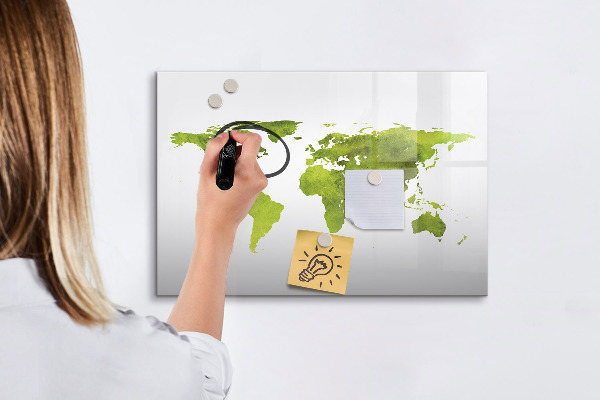 Decoratief glazen wandbord beschrijfbaar en magnetisch Wereldkaart met fotolocaties
