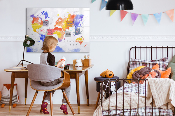 Decoratief glazen wandbord beschrijfbaar en magnetisch Kleurrijke wereldkaart met foto's