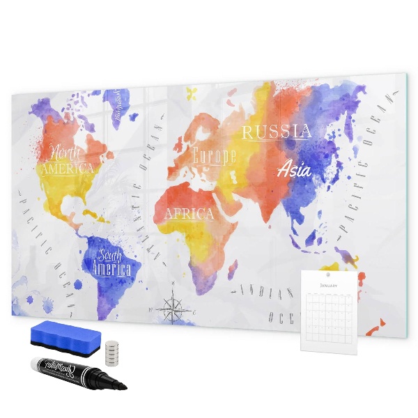 Decoratief glazen wandbord beschrijfbaar en magnetisch Kleurrijke wereldkaart met foto's