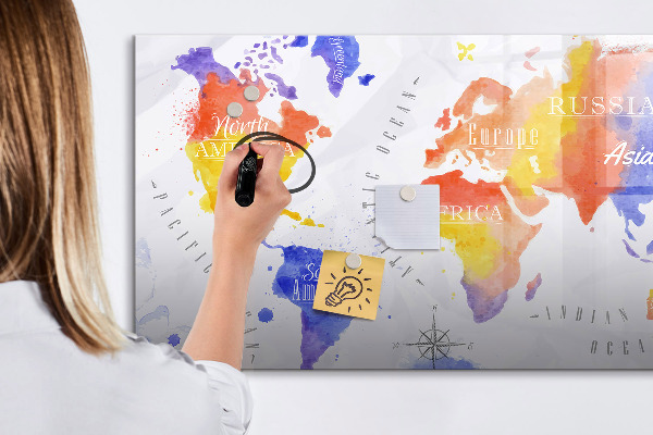 Decoratief glazen wandbord beschrijfbaar en magnetisch Kleurrijke wereldkaart met foto's