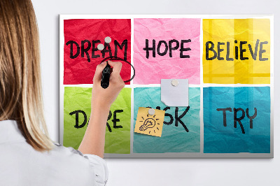 Memobord van glas met print inclusief neodymium magneten Inspirerende slogans voor actie en dromen.