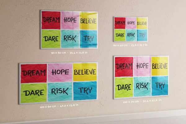 Memobord van glas met print inclusief neodymium magneten Inspirerende slogans voor actie en dromen.