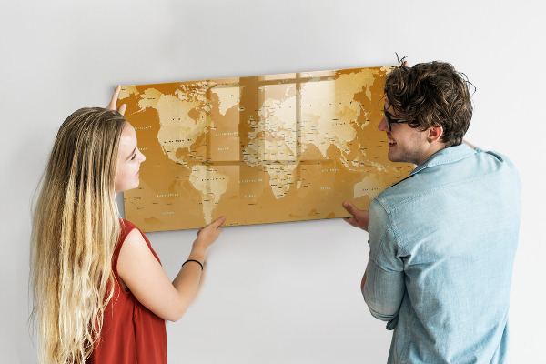 Decoratief glazen wandbord beschrijfbaar en magnetisch Interactieve kaartplanner met foto's