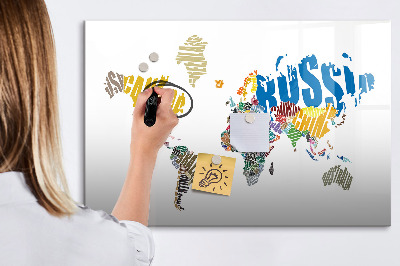 Decoratief glazen wandbord beschrijfbaar en magnetisch Wereldkaart met fotolocaties