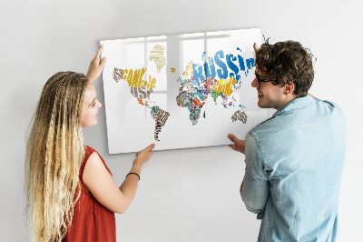 Decoratief glazen wandbord beschrijfbaar en magnetisch Wereldkaart met fotolocaties
