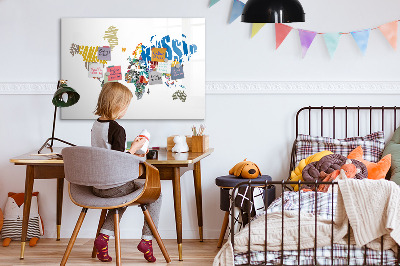Decoratief glazen wandbord beschrijfbaar en magnetisch Wereldkaart met fotolocaties