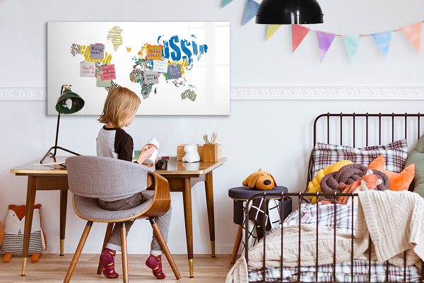 Decoratief glazen wandbord beschrijfbaar en magnetisch Wereldkaart met fotolocaties