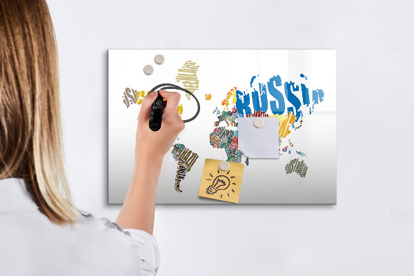 Decoratief glazen wandbord beschrijfbaar en magnetisch Wereldkaart met fotolocaties