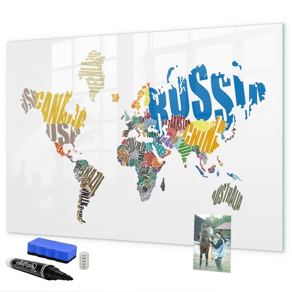 Decoratief glazen wandbord beschrijfbaar en magnetisch Wereldkaart met fotolocaties