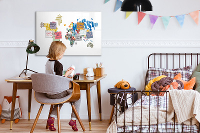 Decoratief glazen wandbord beschrijfbaar en magnetisch Wereldkaart met fotolocaties