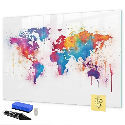 Decoratief glazen wandbord beschrijfbaar en magnetisch Kleurrijke wereldkaart met foto's