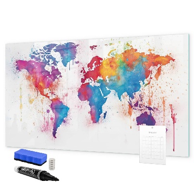 Decoratief glazen wandbord beschrijfbaar en magnetisch Kleurrijke wereldkaart met foto's