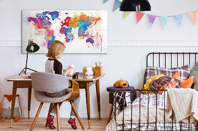 Decoratief glazen wandbord beschrijfbaar en magnetisch Kleurrijke wereldkaart met foto's