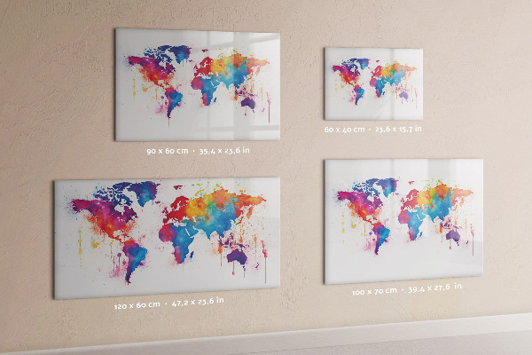 Decoratief glazen wandbord beschrijfbaar en magnetisch Kleurrijke wereldkaart met foto's
