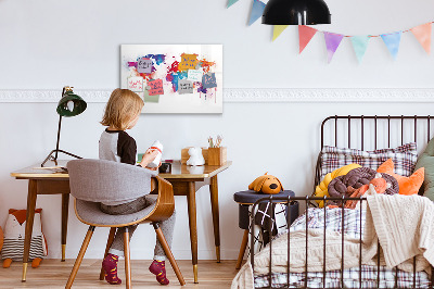 Decoratief glazen wandbord beschrijfbaar en magnetisch Kleurrijke wereldkaart met foto's
