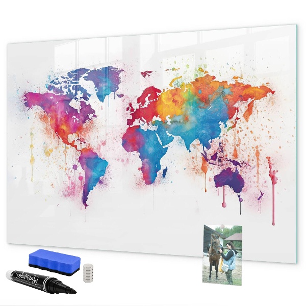 Decoratief glazen wandbord beschrijfbaar en magnetisch Kleurrijke wereldkaart met foto's