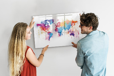 Decoratief glazen wandbord beschrijfbaar en magnetisch Kleurrijke wereldkaart met foto's