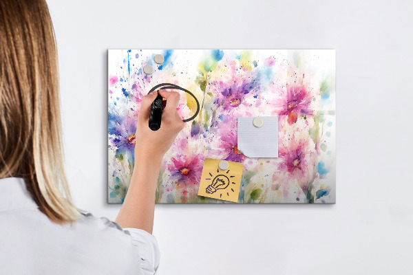 Decoratief glazen wandbord beschrijfbaar en magnetisch Een kleurrijk prikbord voor foto's en notities