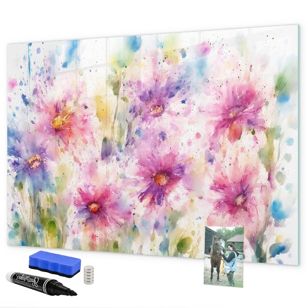 Decoratief glazen wandbord beschrijfbaar en magnetisch Een kleurrijk prikbord voor foto's en notities