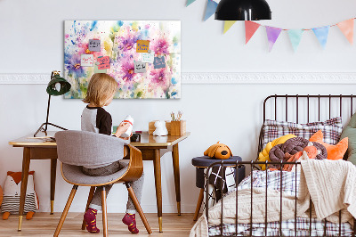 Decoratief glazen wandbord beschrijfbaar en magnetisch Een kleurrijk prikbord voor foto's en notities