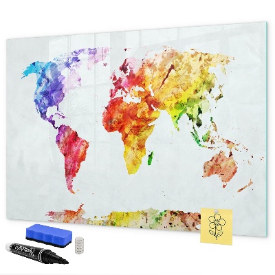 Decoratief glazen wandbord beschrijfbaar en magnetisch Kleurrijke wereldkaart met foto's