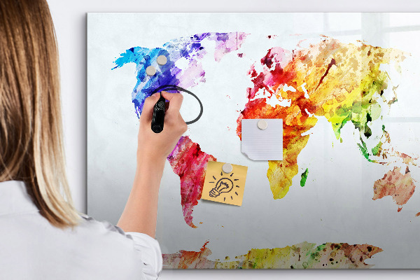 Decoratief glazen wandbord beschrijfbaar en magnetisch Kleurrijke wereldkaart met foto's