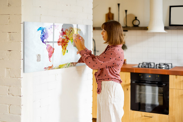Decoratief glazen wandbord beschrijfbaar en magnetisch Kleurrijke wereldkaart met foto's