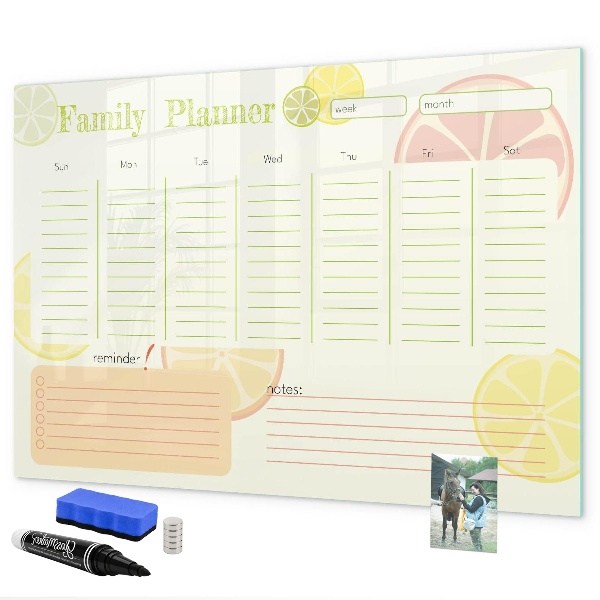 Memobord van glas met print inclusief neodymium magneten Familieplanner met ruimte voor foto's