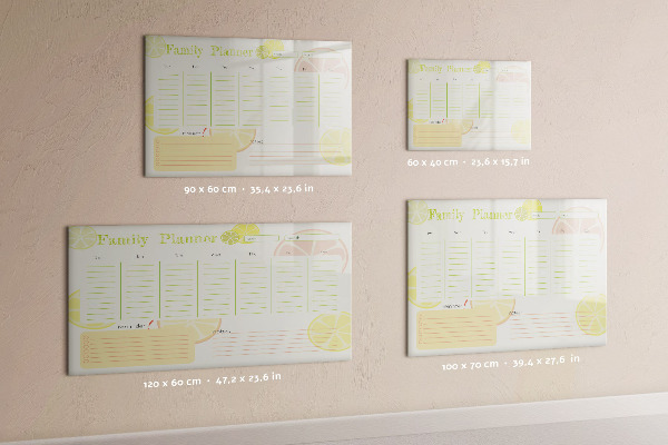 Memobord van glas met print inclusief neodymium magneten Familieplanner met ruimte voor foto's