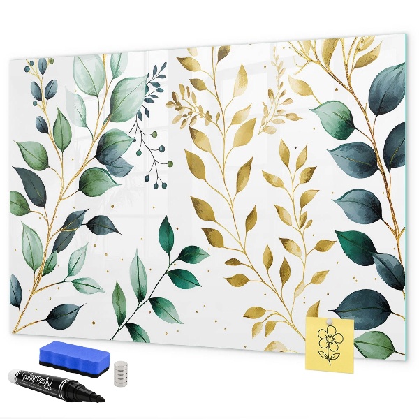 Memobord van glas met print inclusief neodymium magneten Groene bladeren en herinneringen in foto's