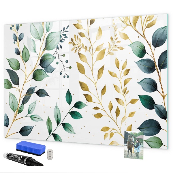 Memobord van glas met print inclusief neodymium magneten Groene bladeren en herinneringen in foto's