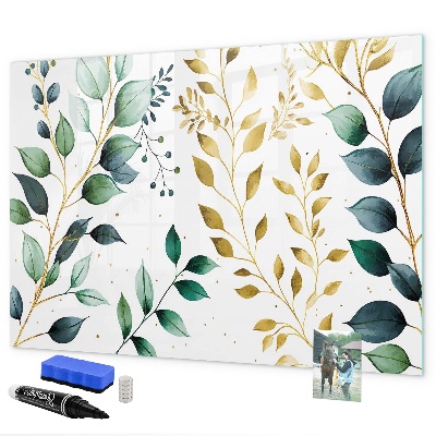 Memobord van glas met print inclusief neodymium magneten Groene bladeren en herinneringen in foto's
