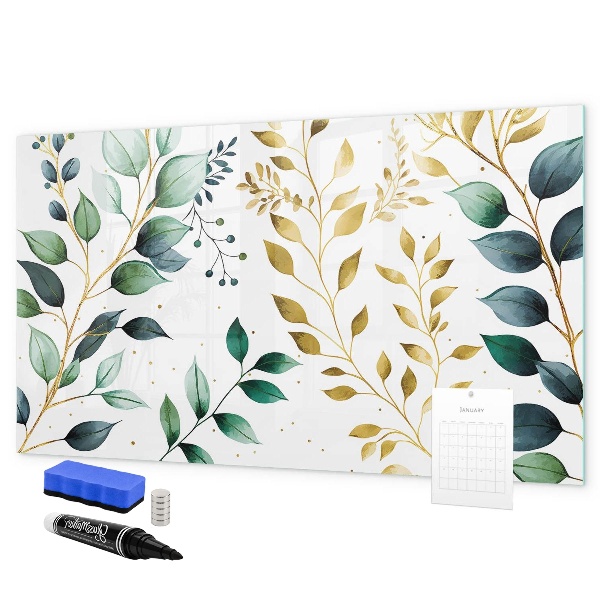 Memobord van glas met print inclusief neodymium magneten Groene bladeren en herinneringen in foto's