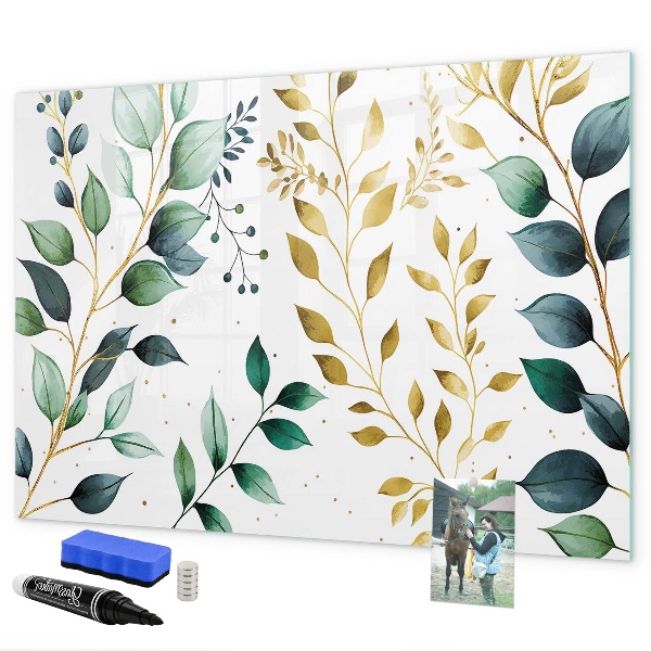 Memobord van glas met print inclusief neodymium magneten Groene bladeren en herinneringen in foto's