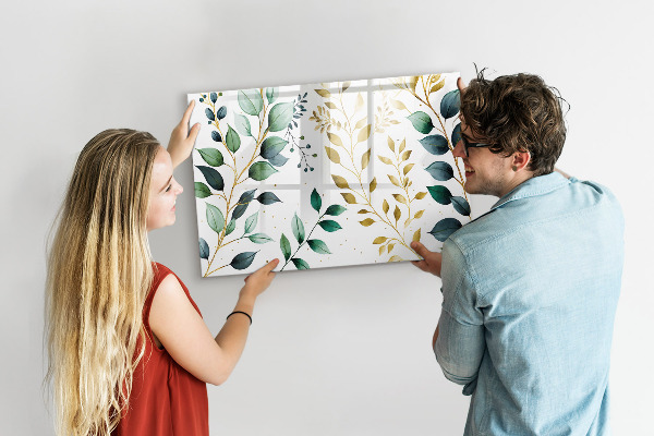 Memobord van glas met print inclusief neodymium magneten Groene bladeren en herinneringen in foto's