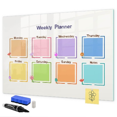 Decoratief glazen wandbord beschrijfbaar en magnetisch Weekplanner met ruimte voor foto's
