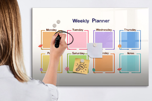 Decoratief glazen wandbord beschrijfbaar en magnetisch Weekplanner met ruimte voor foto's