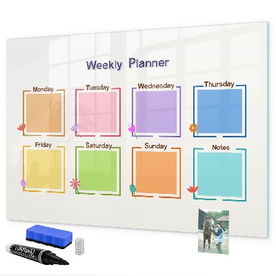 Decoratief glazen wandbord beschrijfbaar en magnetisch Weekplanner met ruimte voor foto's
