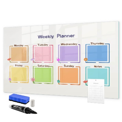 Decoratief glazen wandbord beschrijfbaar en magnetisch Weekplanner met ruimte voor foto's