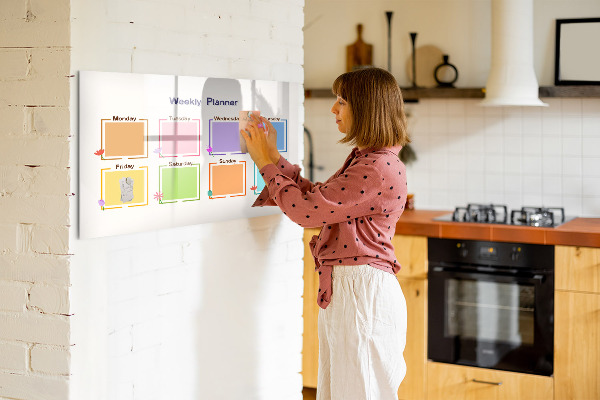 Decoratief glazen wandbord beschrijfbaar en magnetisch Weekplanner met ruimte voor foto's
