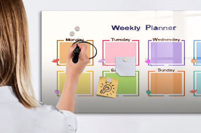 Decoratief glazen wandbord beschrijfbaar en magnetisch Weekplanner met ruimte voor foto's