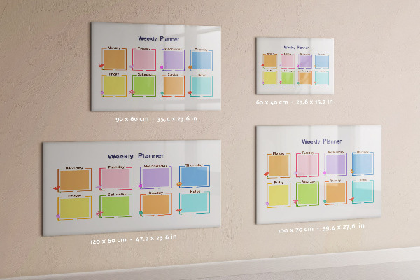 Decoratief glazen wandbord beschrijfbaar en magnetisch Weekplanner met ruimte voor foto's