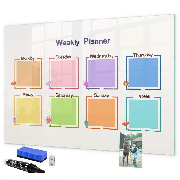 Decoratief glazen wandbord beschrijfbaar en magnetisch Weekplanner met ruimte voor foto's